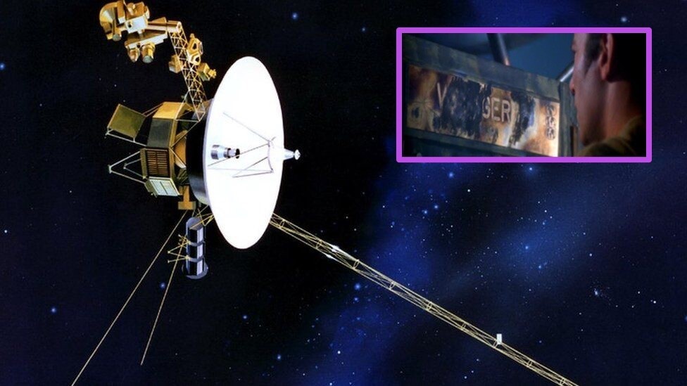 Representação artística da Voyager 2, e cena de filme da série Star Trek em que se descobre que uma das sondas Voyager era personagem da trama.