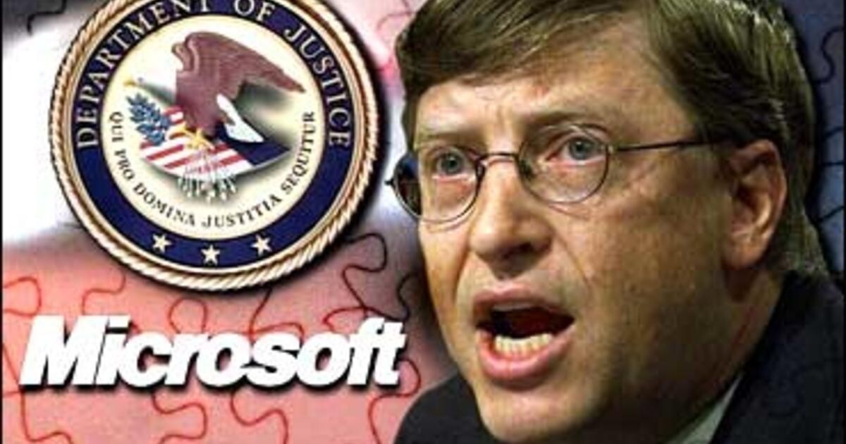 Bill Gates e o selo do Departamento de Justiça dos EUA, em vinheta da cobertura jornalística da época