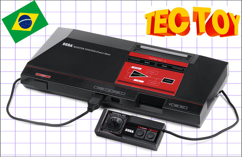 O Master System em banner com a linguagem visual da Tec Toy na época do lançamento<br>