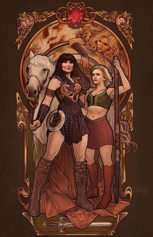 Arte em estilo vitral apresenta as protagonistas Xena e Gabrielle<br>