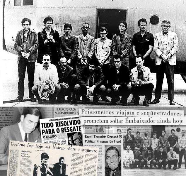 13 dos 15 prisioneiros políticos libertados, prestes a serem transportados para o exílio, e uma coletânea de recortes de jornal sobre o sequestro<br>