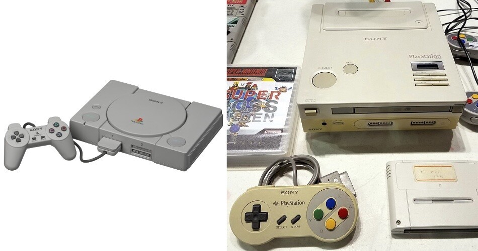 O PSX na forma como foi lançado no mercado japonês, e o protótipo de um videogame da Nintendo com os complementos da Sony, que não chegou ao mercado.