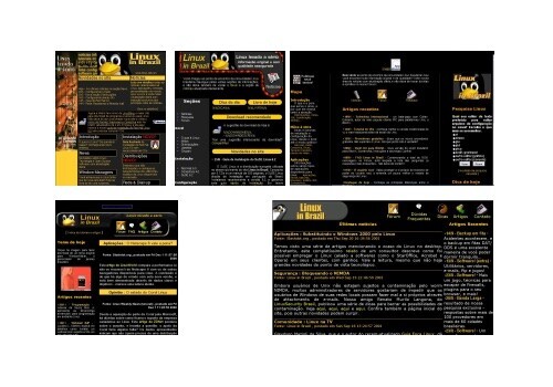 Telas do BR-Linux em 1997, 1998, 1999, 2000 e 2001, todas com fundo preto e destaques em amarelo.