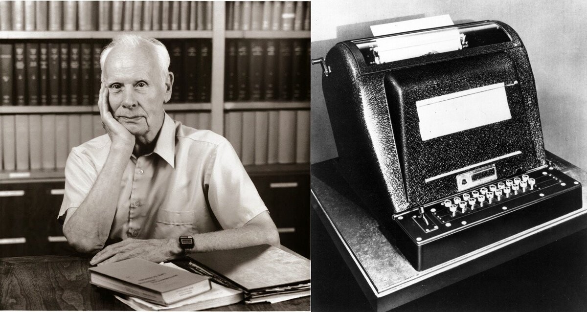 Fotos em preto e branco de Stibitz e da teleimpressora