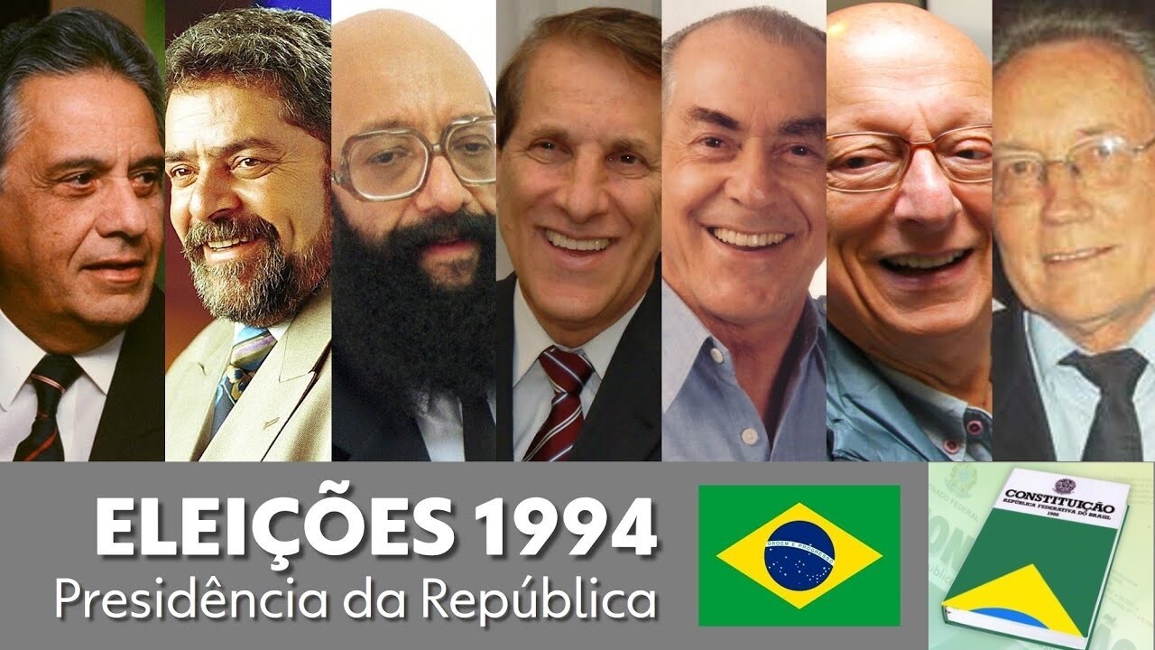 Banner das eleições presidenciais de 1994, com candidatos perfilados, incluindo FHC, Lula, Enéas, Amin e mais