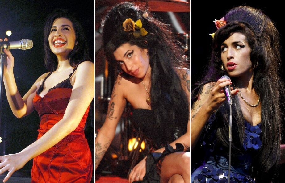 Montagem de 3 fotos de Amy Winehouse no palco.