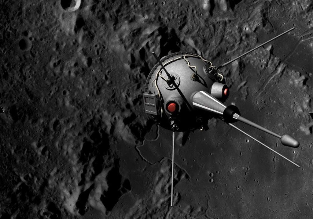 Visão artística da sonda Luna 2 se aproximando da superfície lunar