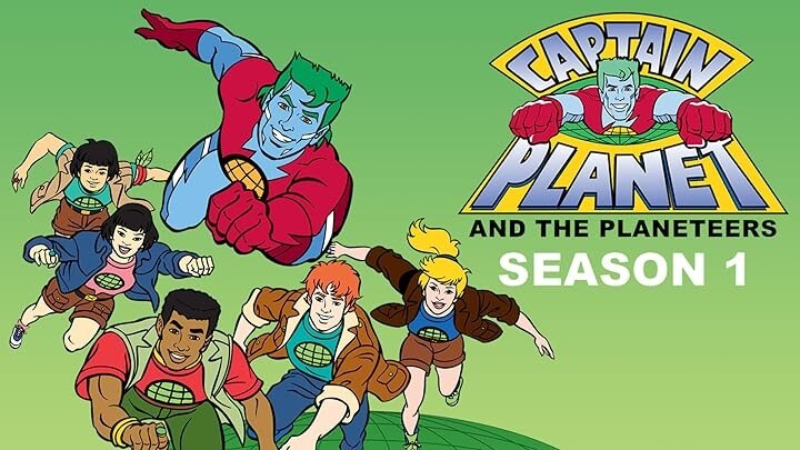 Banner da primeira temporada de Capitão Planeta, mostrando o herói e os 5 integrantes internacionais que o compunham