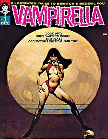 Capa da edição 1 de Vampirella, em que a heroína, em escassos trajes vermelhos e de botas, projeta uma sombra em forma de asas de morcego sobre um fundo que lembra a lua cheia