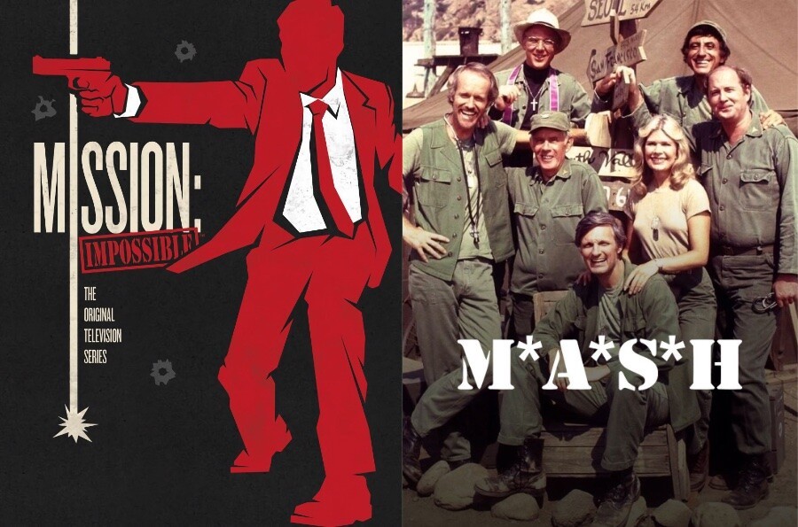 Imagens promocionais de Mission Impossible (com desenho) e de MASH (com foco do elenco de uma das temporadas posteriores)