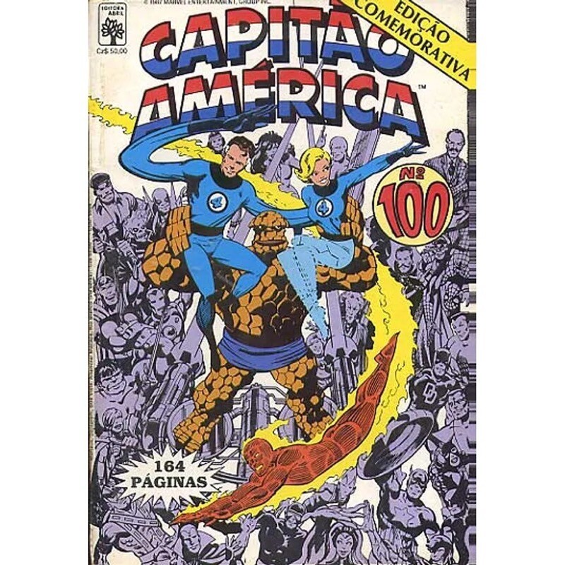 A capa de Capitão América n. 100, com o Quarteto Fantástico em destaque, e ao fundo uma galeria de personagens da Marvel