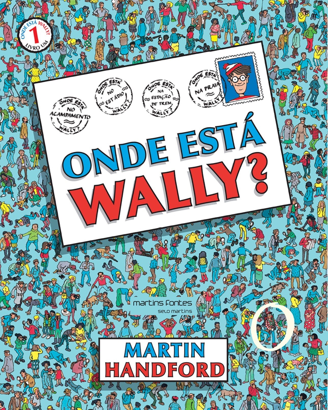 Capa do primeiro livro de Onde Está Wally, com o personagem circulado, à direita e pouco acima do nome do autor, próximo ao canto inferior direito da imagem.