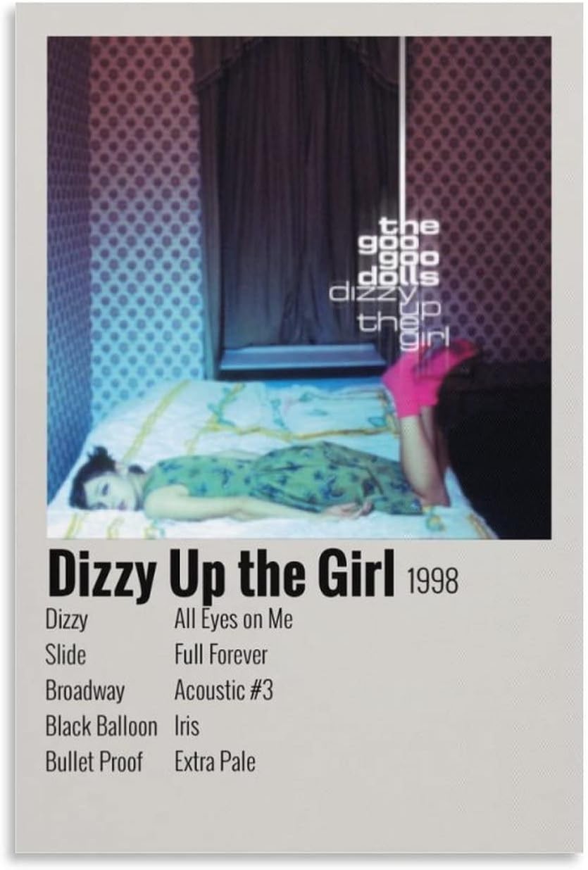 Poster com a lista de faixas e a capa de Dizzy Up The Girl, que mostra uma jovem deitada de bruços na cama, com os pés levantados