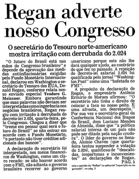 Matéria de capa da Folha, com o título:<br><br>Reagan adverte nosso Congresso<br>O Secretário do Tesouro norte-americano mostra irritação com a derrubada do 2.024