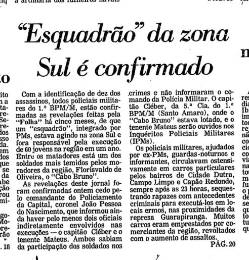 Matéria de capa da Folha com o título: <br><br>“Esquadrão” da Zona Sul é confirmado