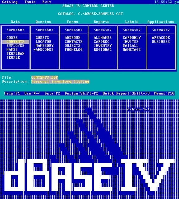 Tela de demonstração do dBase IV em inglês, para DOS