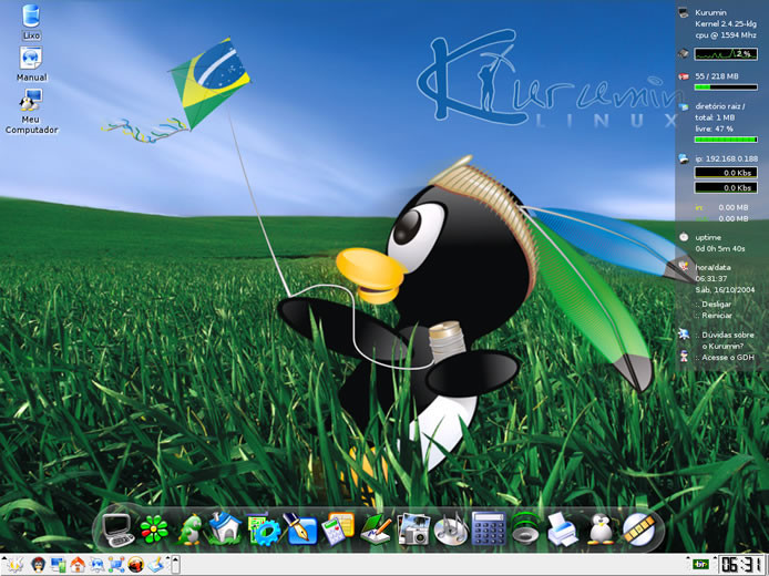 Desktop de uma versão posterior do Kurumin, com temática de povos originários, pinguim e bandeira do Brasil
