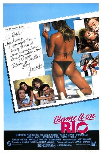 Cartaz de Blame it on Rio, com pequenas fotos de cenas do filme e, em destaque, uma carioca na praia, de biquíni e de costas.