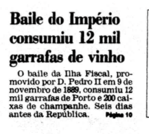 Chamada de capa para a matéria do Estadão com o título: Baile do Império consumiu 12 mil garrafas de vinho