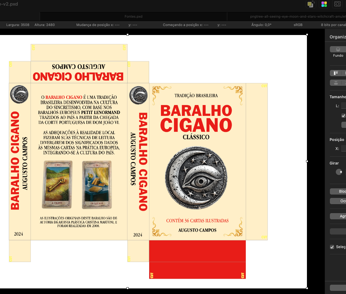 Print de um editor gráfico mostrando o layout para recorte de uma caixa de baralho cigano, com o título de BARALHO CIGANO CLÁSSICO, e o texto: <br><br>O baralho cigano é uma tradição brasileira desenvolvida na cultura do sincretismo, com base nos baralhos europeus Petit Lenormand trazidos ao país a partir da chegada da corte portuguesa de Dom João VI.<br><br>As adequações à realidade local fizeram suas técnicas de leitura divergirem dos significados dados às mesmas cartas na prática europeia, integrando-se à cultura do país.