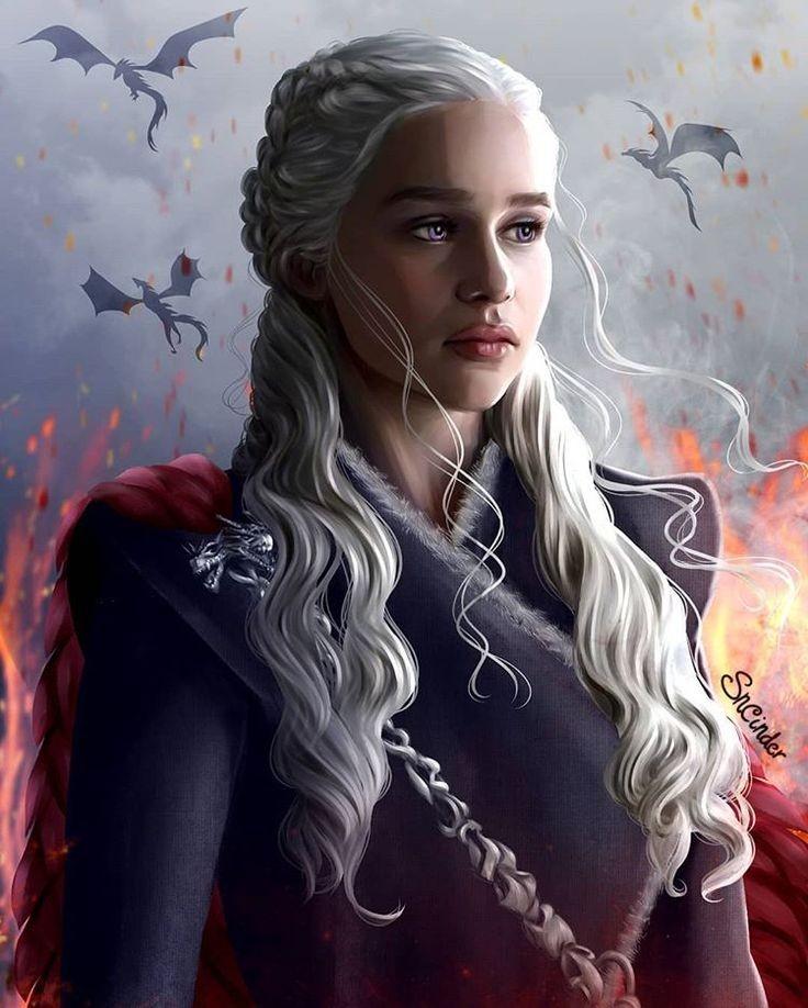 Pintura representando a personagem Daenerys, vivida por Emilia Clarke. Ao fundo, fogo e 3 dragões voando.