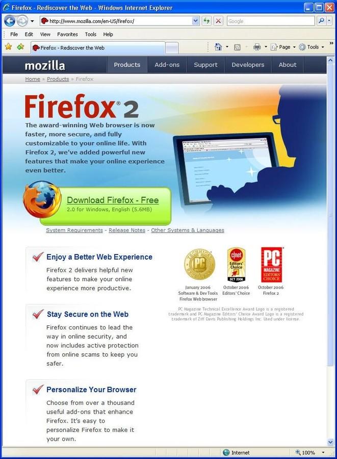 Navegador Firefox exibindo a página de download do Firefox 2.0