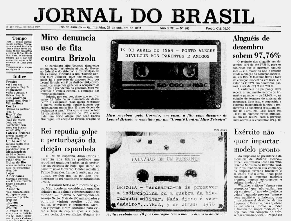 Capa do Jornal do Brasil com fotos da frente e verso de um exemplar da fita K7 em questão, e o título: Miro denuncia uso de fita contra Brizola. Na fita, uma etiqueta pede: “Divulgue aos parentes e amigos“