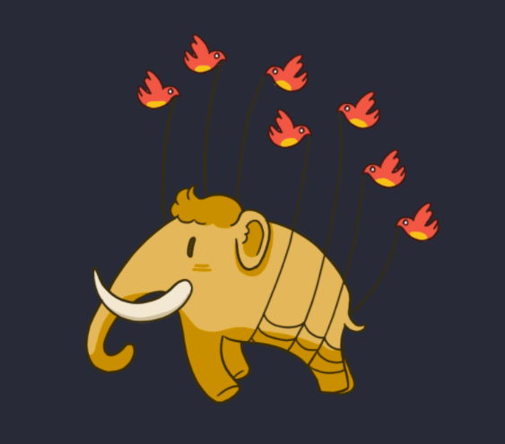 Grafismo em que um conjunto de pássaros vermelhos voam rebocando o elefante símbolo do Mastodon.