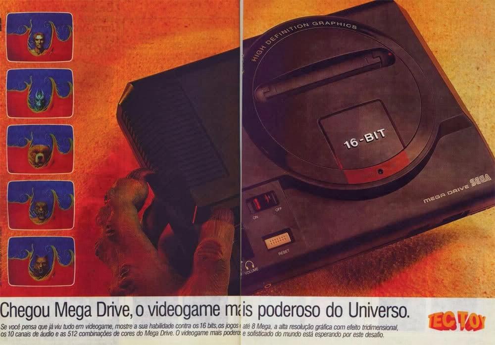 Mega Drive em anúncio de lançamento brasileiro pela Tec Toy