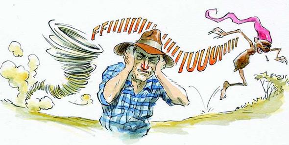 Saci pregando peça em um sertanejo, com assobios, em meio a um redemoinho