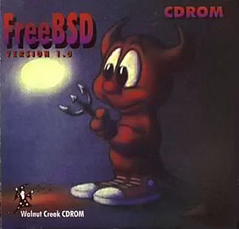 Capa do CD do FreeBSD 1.0 com seu mascote, um daemon usando tênis e segurando um tridente