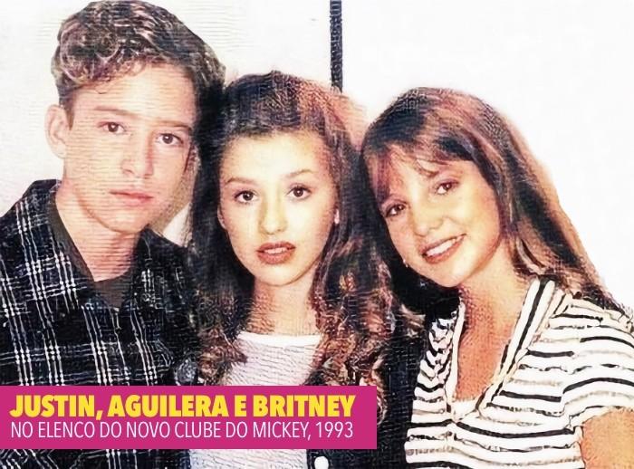 Os adolescentes Justin, Aguilera e Britney posam para foto como integrantes do elenco do Clube do Mickey em 1993