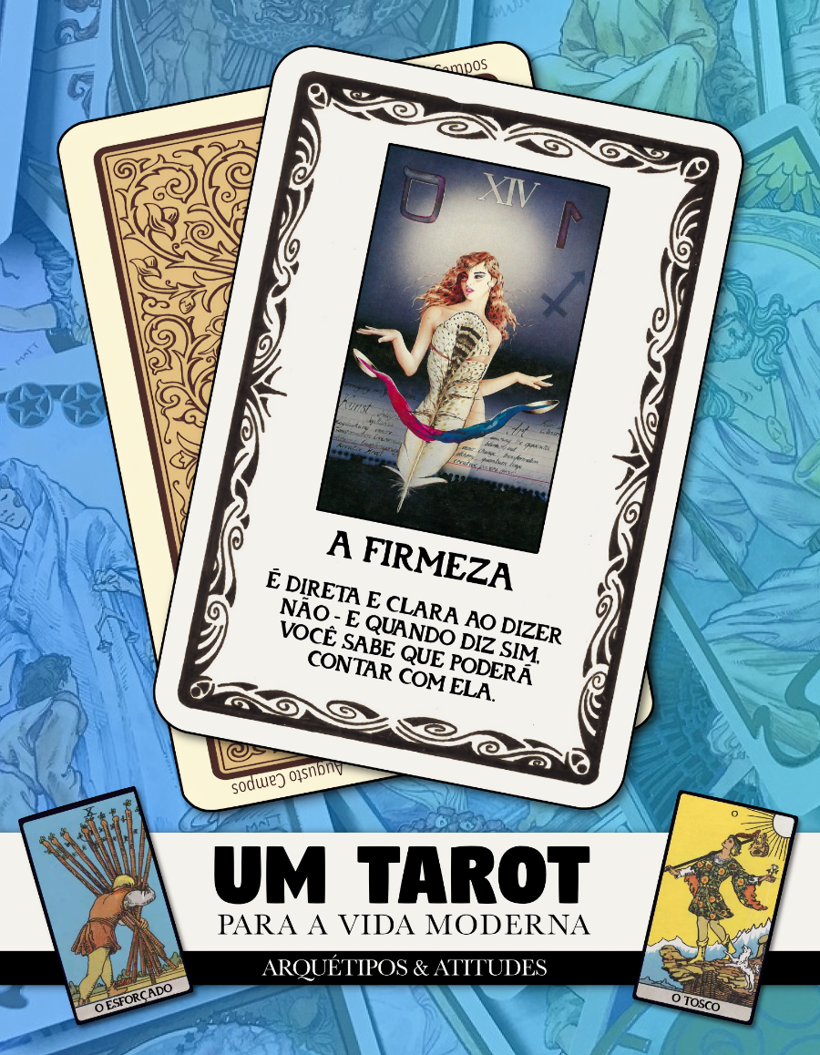 Banner com o título “Um tarot para a vida moderna - arquétipos & atitudes” mostrando uma carta ilustrada por uma pessoa que está dosando o conteúdo de 2 recipientes, cercada de espadas fincadas no chão, e o texto: <br><br>A FIRMEZA <br><br>É DIRETA E CLARA AO DIZER NÃO - E QUANDO DIZ SIM, VOCÊ SABE QUE PODERÁ CONTAR COM ELA.