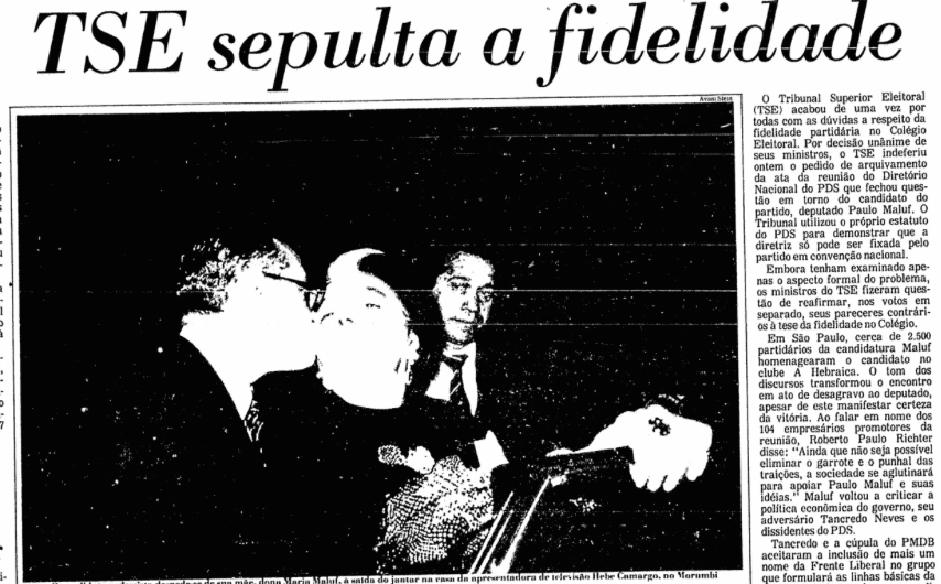 Manchete da capa da Folha: TSE sepulta a fidelidade