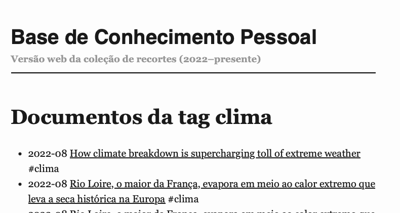 Print de um fragmento de página web onde se lê:<br><br>Base de Conhecimento Pessoal<br><br>Versão web da coleção de recortes (2022-presente)<br><br>Documentos da tag clima<br><br>- 2022-08 How climate breakdown is supercharging toll of extreme weather<br>- 2022-08 Rio Loire, o maior da França, evapora em meio ao calor extremo que leva a seca histórica na Europa
