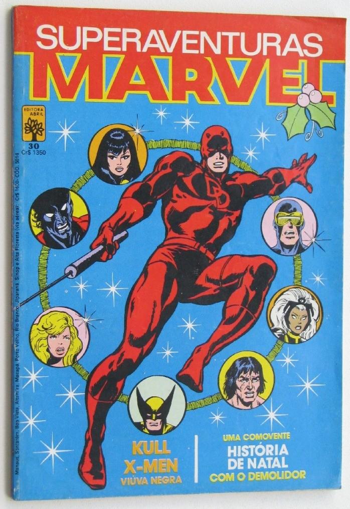 Capa de Superaventuras Marvel n. 30, com o Demolidor em destaque, cercado de outros personagens, incluindo a Viúva Negra