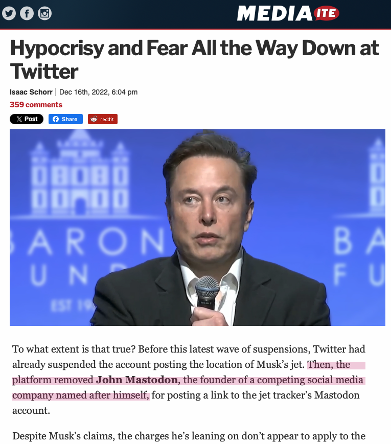 Fragmento do post do MediaIte, com destaque aplicado ao trecho: “Then, the platform removed John Mastodon, the founder of a competing social media company named after himself,”