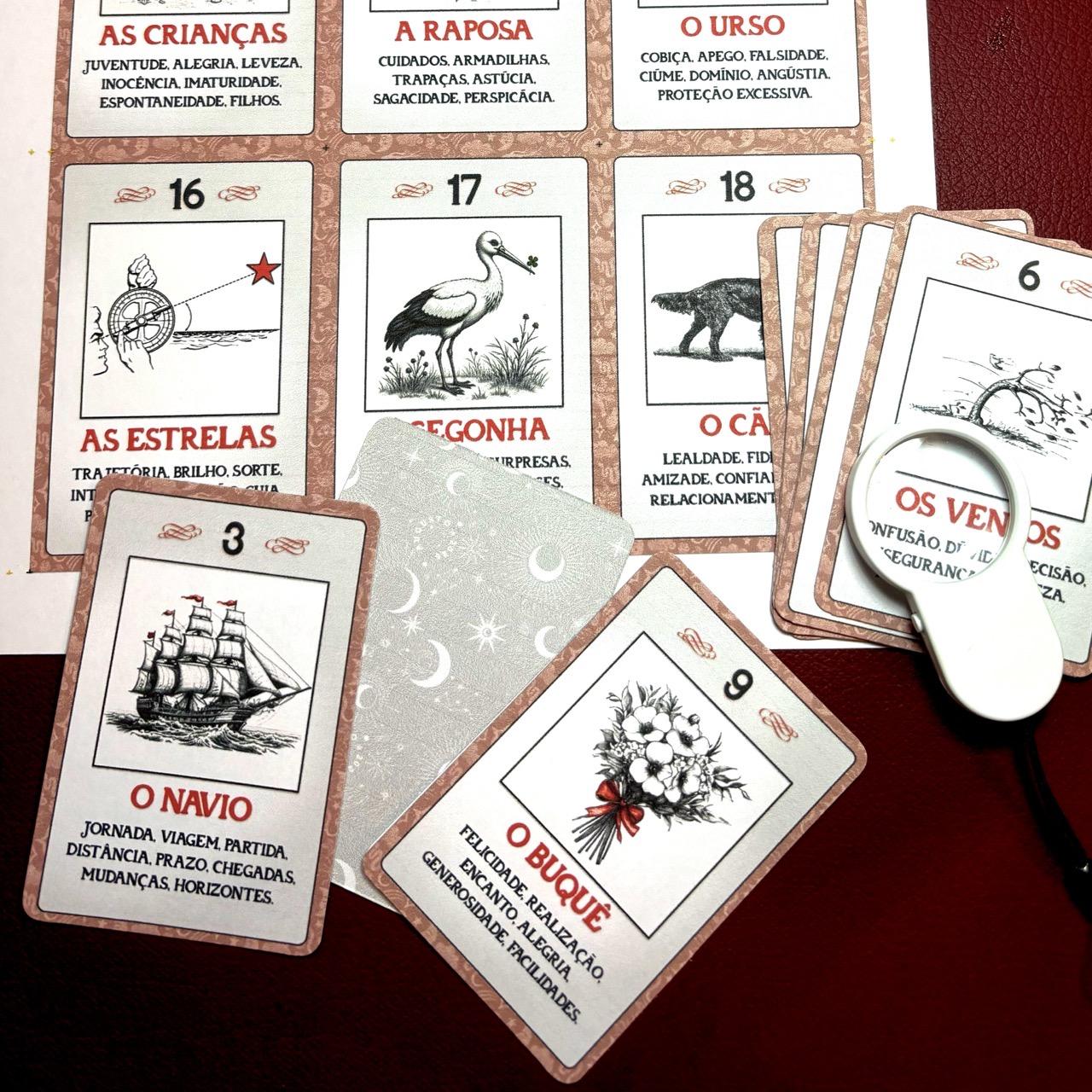 Nos posts desta série, estou colocando a descrição visual já no próprio post. Mas complementando: as cartas expostas (já prontas) são O Navio (com flâmulas em vermelho), O Buquê (com um laço de fita vermelha) e Os Ventos (parcialmente oculta pela lupa que estava largada na mesa na hora da foto.