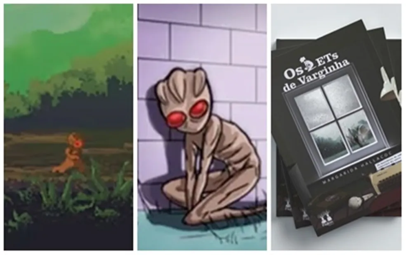 Montagem jornalística de matéria do G1 sobre lançamento de game e de livro sobre o mito do ET de Varginha