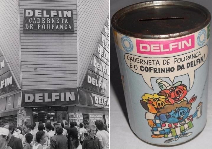 Composição de uma foto de clientes em frente à porta da sede da Delfin, e de um cofrinho de lata para moedas, com o texto “Caderneta de poupança é o cofrinho da Delfin“