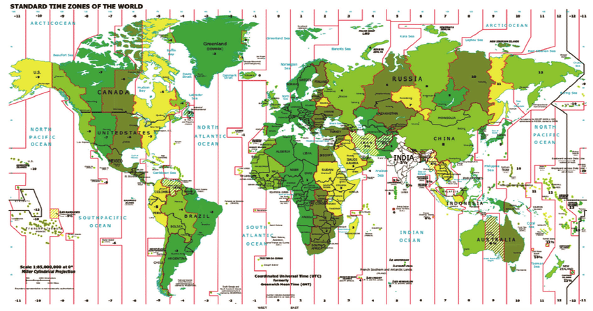 Mapa-mundi com representação simplificada dos principais fusos horários.