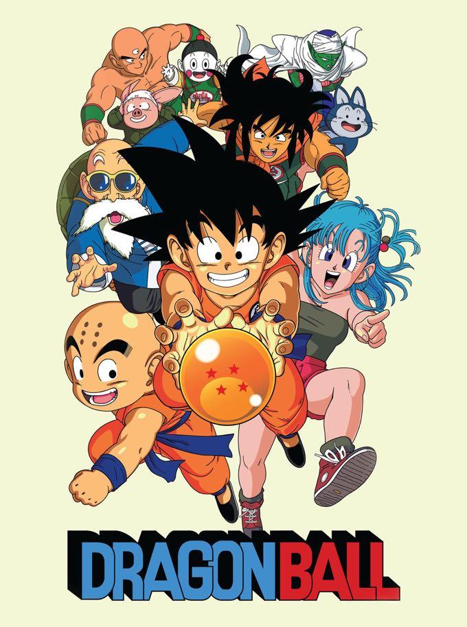 Imagem promocional da série Dragon Ball, com os personagens reunidos e tentando alcançar uma das esferas do dragão.