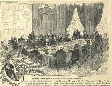 A conferência de Berlim, como ilustrada à época, no jornal alemão Die Gartenlaube: ao redor de uma grande mesa em um salão aprazível, dezenas de homens brancos, em trajes de gala, discutem um mapa do continente africano.