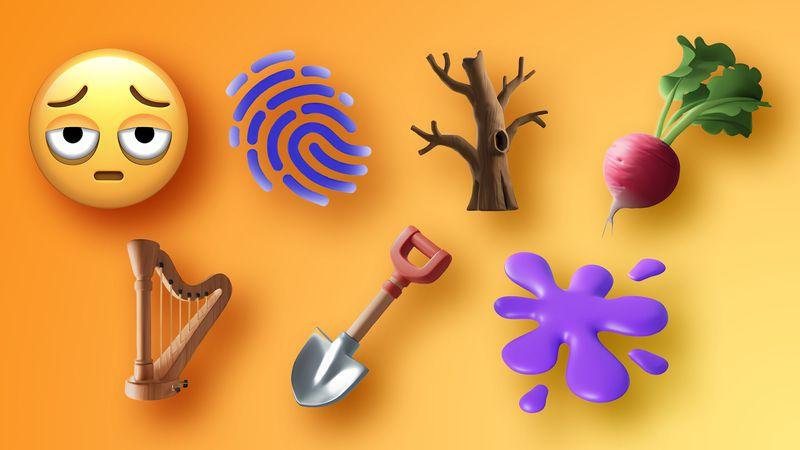 Imagem mostrando 7 novos emojis, incluindo um rosto com olheiras, uma impressão digital, uma árvore seca, um rabanete, uma pá e mais.