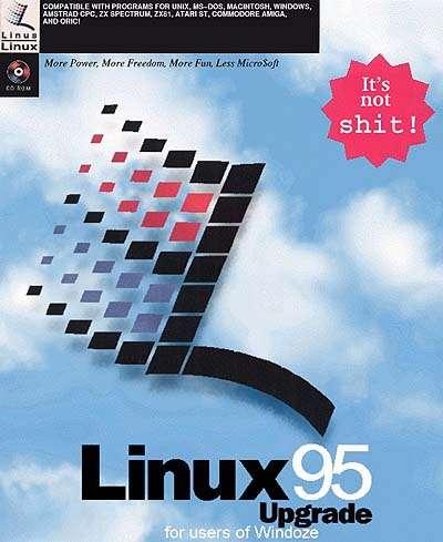 Meme da época, apresentando o nome Linux 95 em arte que lembra uma caixa do Windows 95.