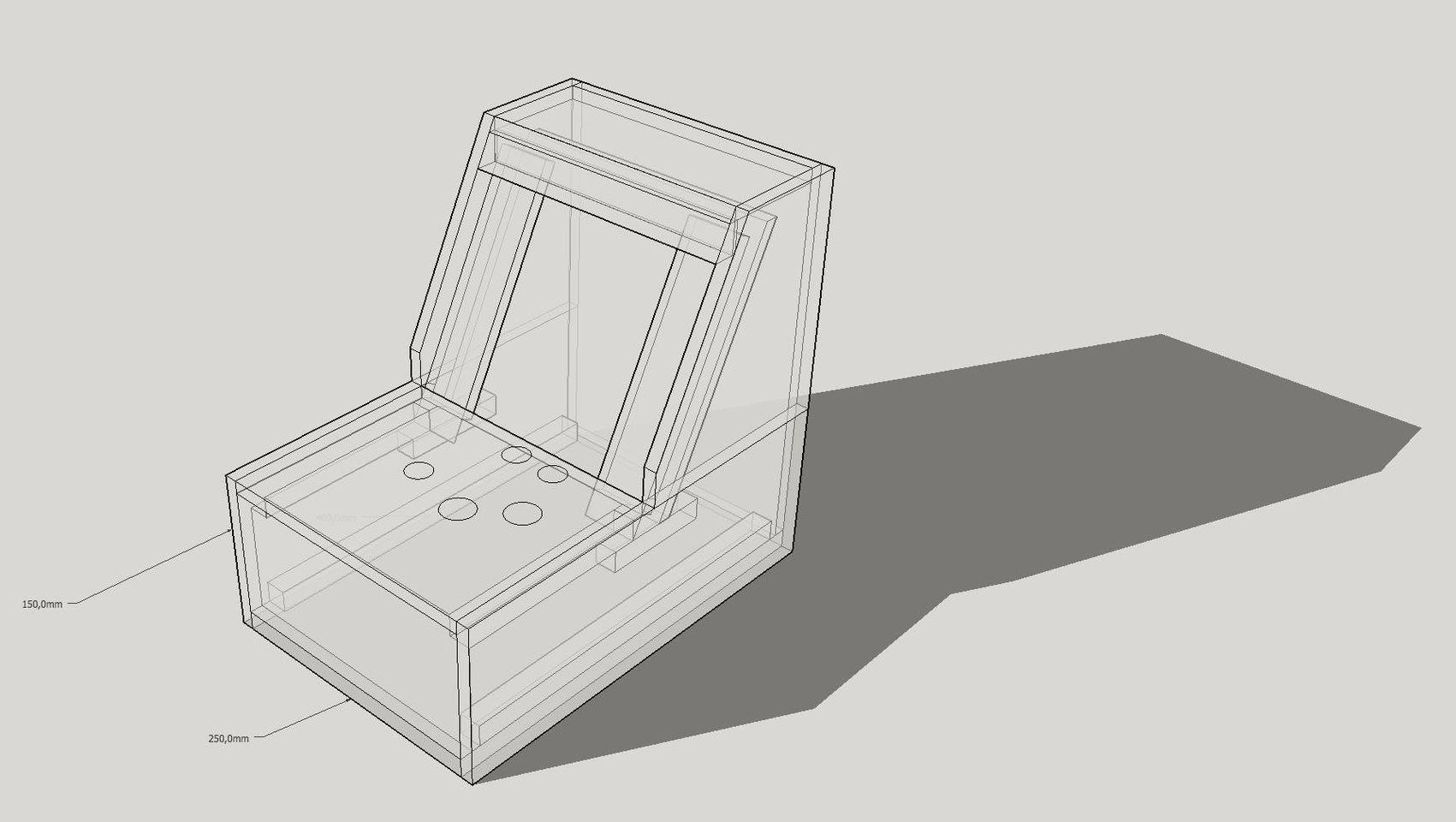 Projeto 3D monocromático transparente da montagem e furação de uma máquina de fliperama bartop com espaço para alavanca e 4 botões<br>