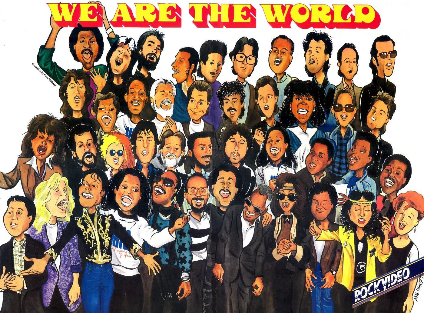 Ilustração retratando as estrelas da música que participaram de We Are the World.
