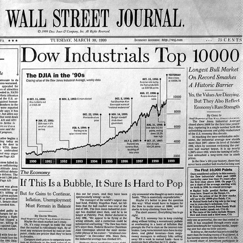 Capa do Wall Street Journal do dia seguinte, com gráfico mostrando o crescimento acelerado do índice ao longo de toda a década, e o título: “Dow Industrials Top 10000“. Logo abaixo, um título de contraponto: “If this is a bubble, it sure is hard to pop“.