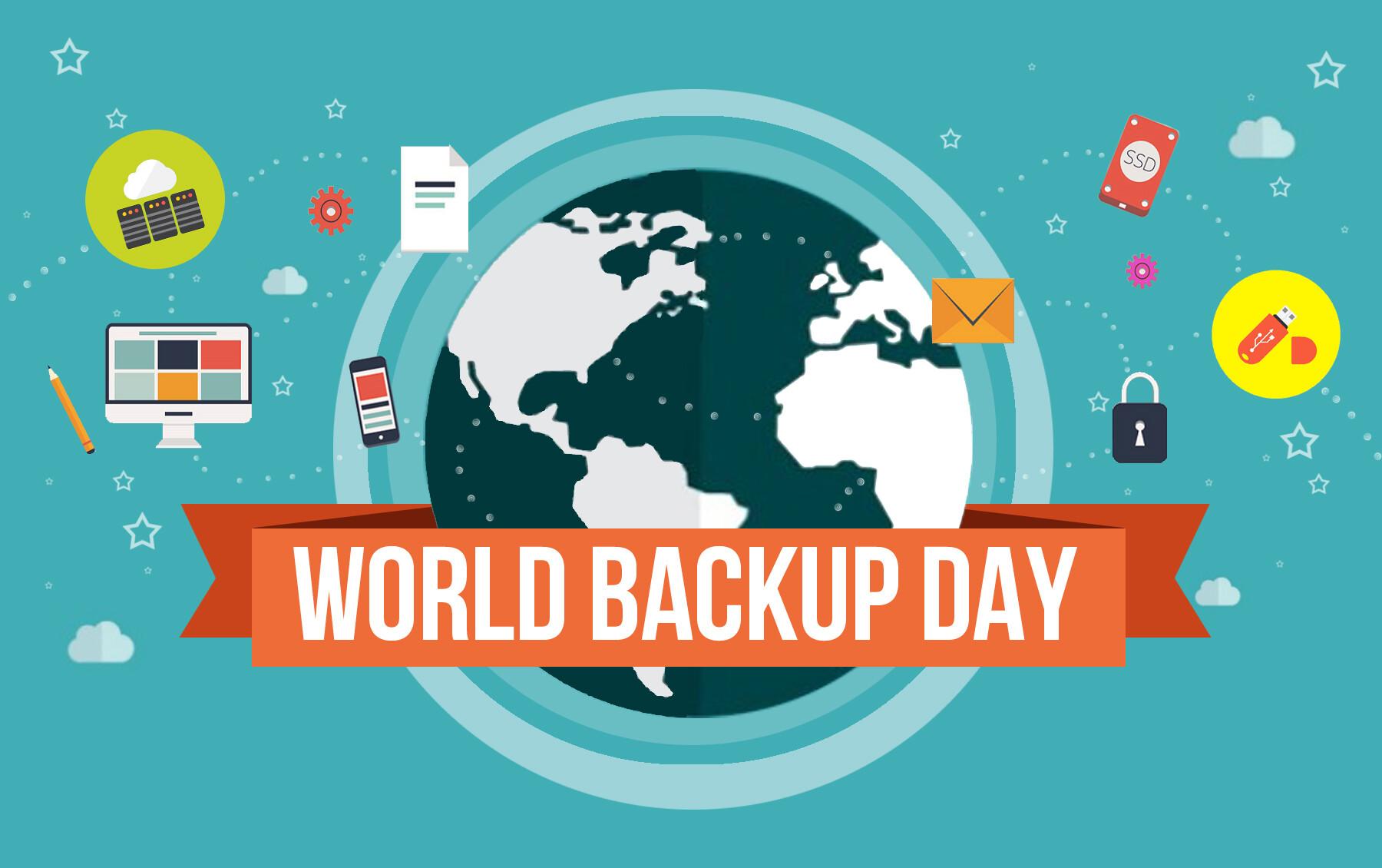 banner do World Backup Day, em estilo clip art, com ícones alusivos a cópias de arquivos, ao redor de um mapa mundi