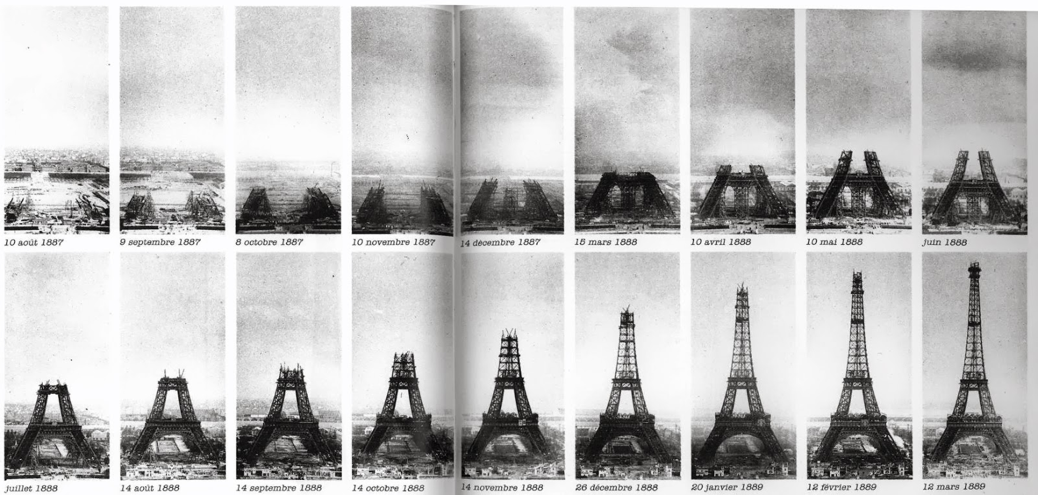 Sequência de fotos mostrando a linha do tempo da construção da torre